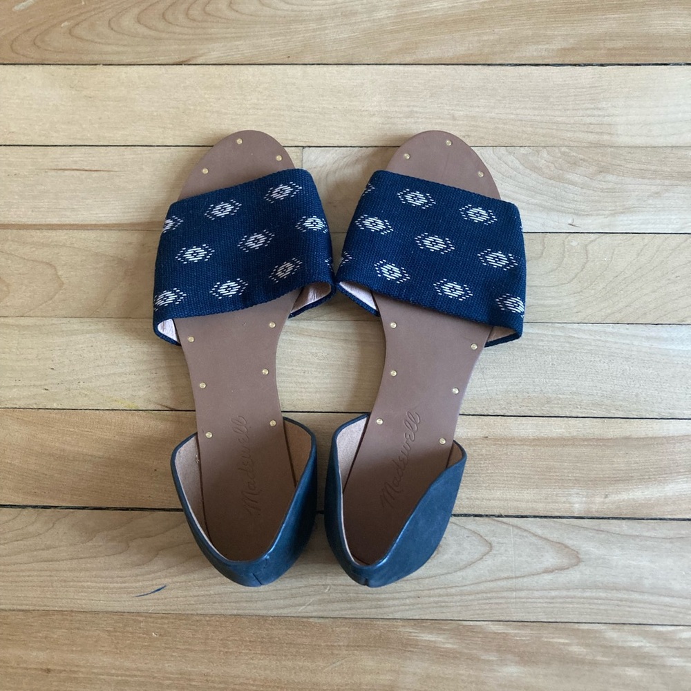 Madewell Thea Diamond Stitch Sandals Flats Navy Blue Fabric & Leather